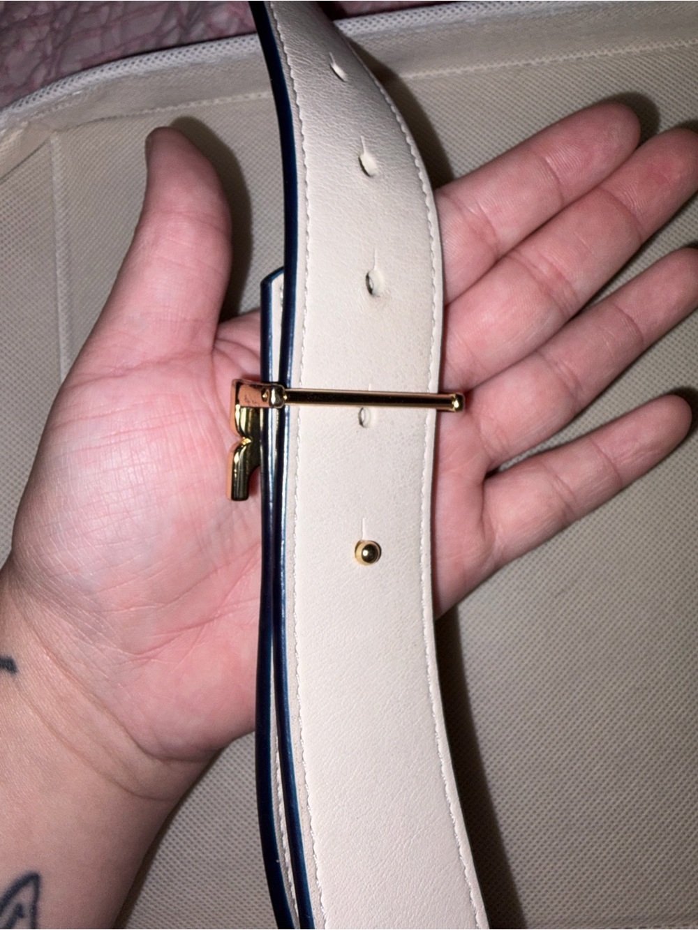 Tory Burch Navy Leather Belt with Gold Logo Buckle - Picture 2 of 12